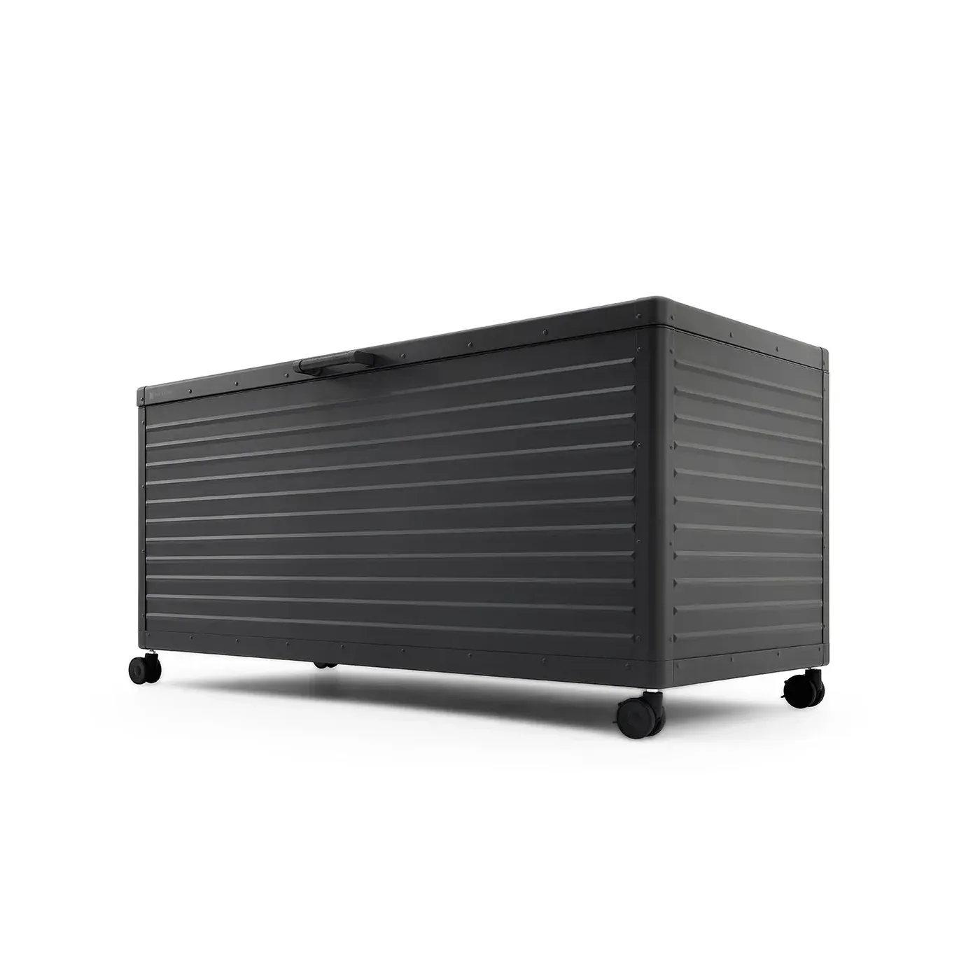 Charcoal metal donation box with a ridged finish, a soft-close lid and swivel wheels